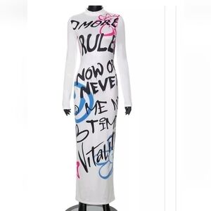 Half Heart Long Sleeve Bodycon Midi Maxi Dress Graphic Print Stretchy White